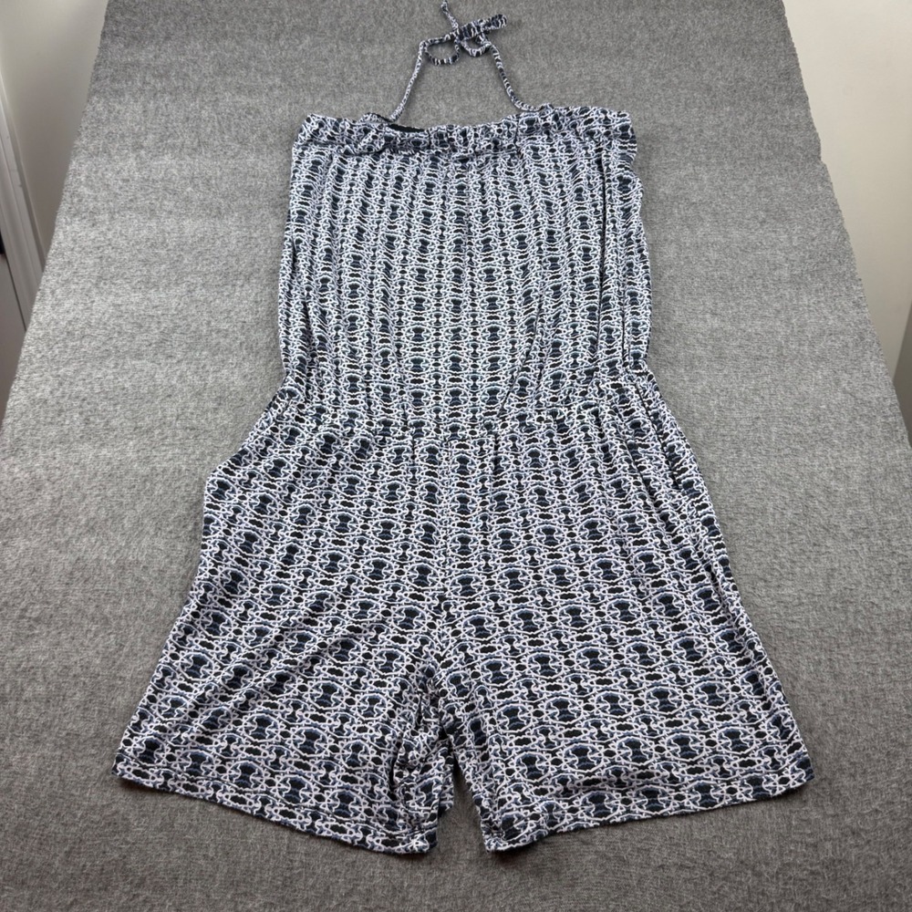 Cabi Romper Women Size Medium Blue Geometric Halter Neck Sleeveless Pockets